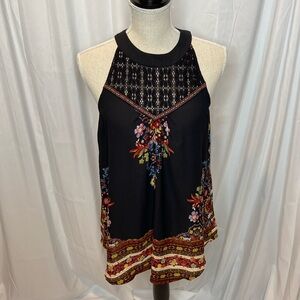 72 Boho Embroidered Tank Top Black Floral Crochet Lace Neck Flowy Festival Small
